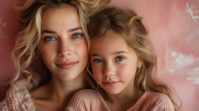  portrait of mother with her daughter, mother's day, pink background, close-up