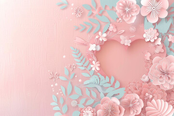 Beautiful Valentine's Day Background with Pink Love Heart. Paper Cut Flowers Design. Generative AI