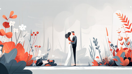 Wedding Photoshoot Illustration of a Couple's Tender Moment with Vivid Florals