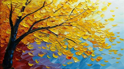 tree yellow leaves layers reflections young amber blue trees bent river wind blowing rippling oil wave - obrazy, fototapety, plakaty