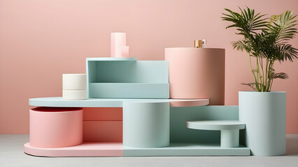 a sleek modern minimalist blank podium in soft pastel colors