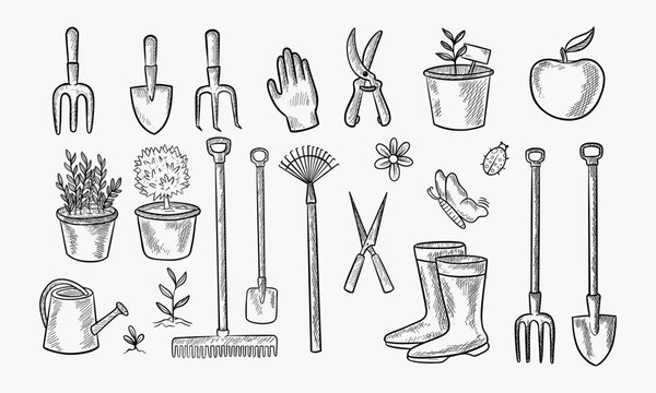 hand drawn set of vintage isolated garden equipment silhouettes