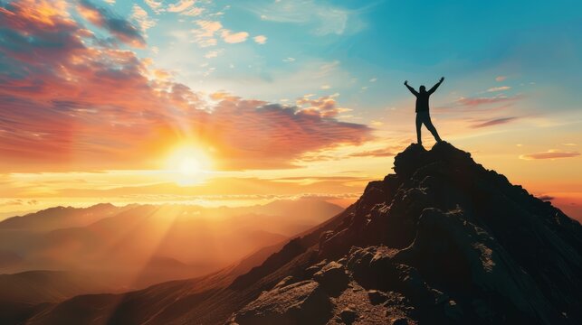 the concept of success and achievement with a powerful image of someone reaching the top of a mountain or crossing the finish line