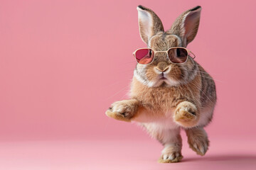 Fototapeta na wymiar Levitating cute rabbit on pastel background