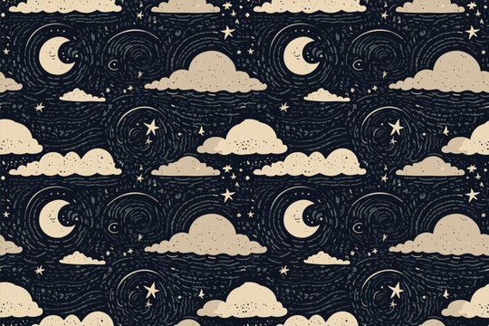 pattern seamless Linocut friendly, minimalistic, night sky with crescent moon, celestial bodies, simplified, nordic, scandinavian style, muted colors, rolling clouds, viking symbols