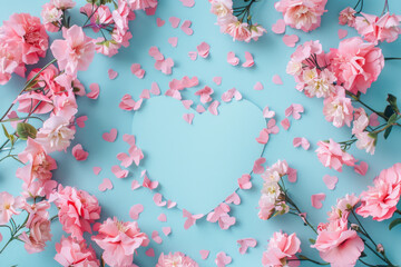 Creative layout with pink flowers, paper heart over punchy pastel background. Generative AI