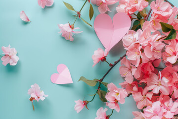 Creative layout with pink flowers, paper heart over punchy pastel background. Generative AI