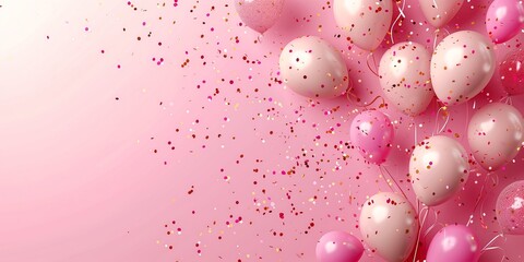 balloons confetti scattered pink background transparent barbarian celebrate birthday surprise interconnections flamboyant sharp ages excited expression banner polka dot tables soft
