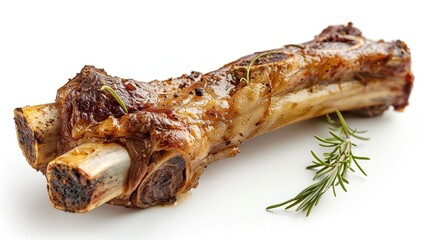 A close-up of a lamb shank bone for Passover encompassing meats on a white backdrop bones and space, Generative AI.