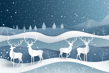 White deers on snow paper cut vector