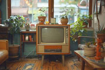 Vintage television in living room at home