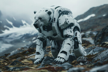 White bear robot walking on the mountain