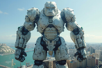 White King kong Robot with big building in the city background