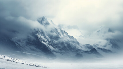 Landscape of snow mountains in the winter season. Beautiful outdoor environment in the nature.