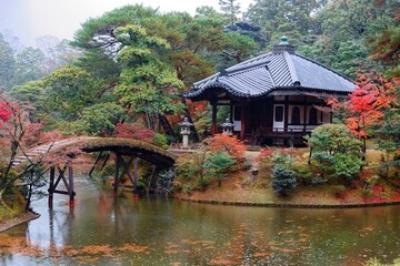 Autumn scenery of a beautiful corner in Katsura Imperial Villa ( Royal Park ) in Kyoto, Japan, with...