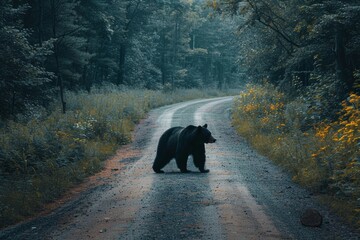 A black bear is walking down a road. The bear is alone and he is in a peaceful mood