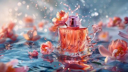 A elegant perfume bottle mockup among flowers and lots of petals flying with a big empty space for text or product, Generative AI. - obrazy, fototapety, plakaty