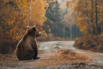 A bear is sitting on the side of a road in the woods. The bear is looking off into the distance,...