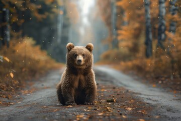 A bear is sitting on a road in the woods. The bear is looking at the camera - obrazy, fototapety, plakaty