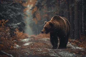 A bear is walking down a road in the woods. The bear is brown and he is walking through the snow. The scene is peaceful and serene, with the bear being the main focus of the image - obrazy, fototapety, plakaty