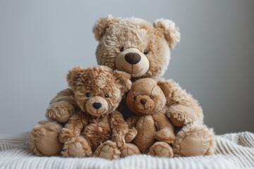 Three teddy bears are sitting on a bed, with one of them being the largest. The other two are smaller and are positioned between the larger bear. Concept of warmth and comfort