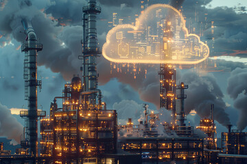 Cloud computing icon on an industrial factory background