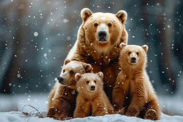 A family of bears are sitting in the snow, with the mother bear looking down at her cubs - obrazy, fototapety, plakaty
