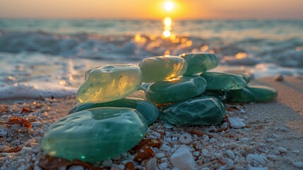 blue green jade stone Arranged in a pyramid balanced on the beach beautiful blue sea with sea background meditation concept - obrazy, fototapety, plakaty