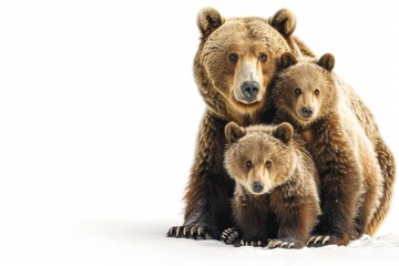 Fototapeta premium Three bears are sitting together on a snowy surface. The mother bear is larger than the two cubs, and they are all looking at the camera. Concept of warmth and family