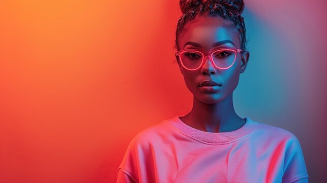 Photo of a beautiful, attractive dark-skinned woman wearing a sweater. Glasses in arms. Free space. Isolated neon background.