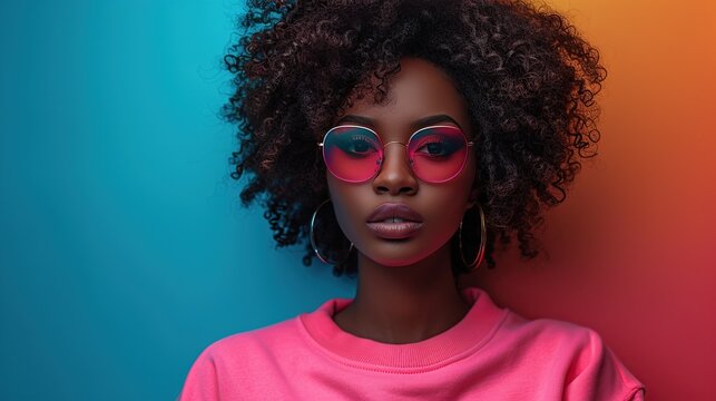 Photo of a beautiful, attractive dark-skinned woman wearing a sweater. Glasses in arms. Free space. Isolated neon background.