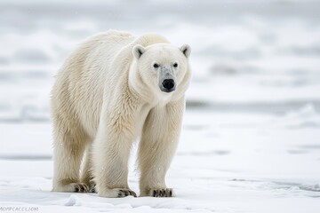 A polar bear stands in the snow, looking at the camera. Concept of solitude and isolation, as the bear is alone in its natural habitat - obrazy, fototapety, plakaty