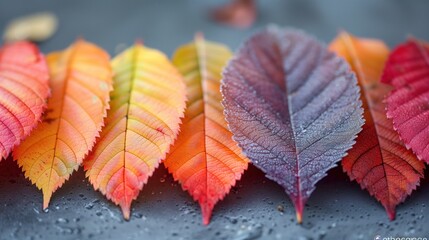 Multi-colored leaves stacked on top of each other. There is a gradient. Concept combination of colors