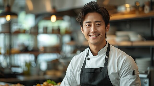 Photo of young Asian male chef on kitchen background