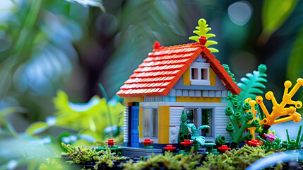 3D Illustration of House Miniature Made of Lego - obrazy, fototapety, plakaty