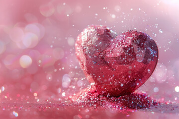 Glitter heart dissolving into pieces on pink background. Generative AI