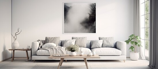 A room with a white couch and a wooden coffee table exuding comfort and style. A plant adds a touch of nature, creating a serene atmosphere in this artful space - obrazy, fototapety, plakaty