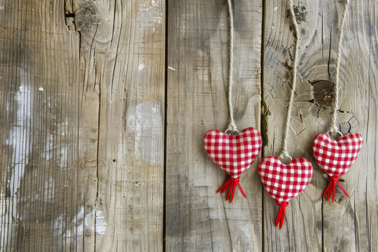 Gingham Love valentine heart natural cord and red hairpins hanging on rustic wooden. Generative AI