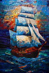 sailboat ocean sunset background irregularly shaped mosaic tiles closeup fractured pan window storybook design