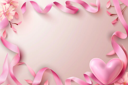 Happy mother's day 3d realistic background illustration with pink heart shaped ribbon. Generative AI