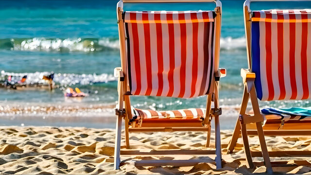 Beach, sea, summer, water, sand, shore, tourism, vacations, sun, sun bath, chair , beach chairs and umbrellas, background, wallpaper, HD