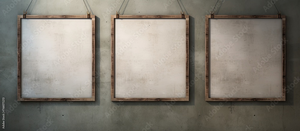 Poster three rectangular frames, made of wood and metal, hang on the wall. the tints and shades create a st