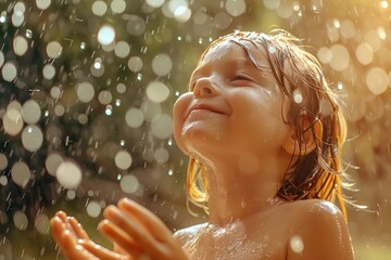 A happy child boy is having enjoyment with the water over the summer rain goodbye suffocating hot summer and space, Generative AI. - obrazy, fototapety, plakaty