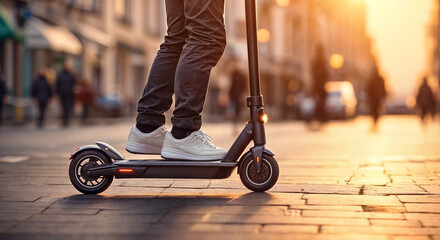 A person wearing white sneakers and riding an electric scooter - obrazy, fototapety, plakaty