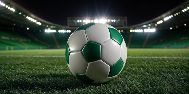 The soccer ball is positioned on the verdant turf, illuminated by a striking beam of light casting a captivating ambiance.