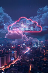 Cloud computing logo above a city skyline