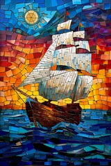 sailboat ocean full moon background glass mosaic sunset product one million broken shards creating god amazing inspiring