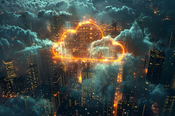 Fototapeta na wymiar Cloud computing logo above a city skyline