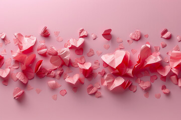 Heart-shaped paper elements flying on pink background. Generative AI