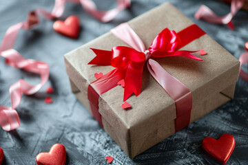 Kraft gift box with beautiful red and pink ribbon, concept of Valentine. Generative AI
